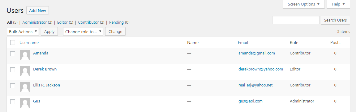 A list of WordPress user roles.