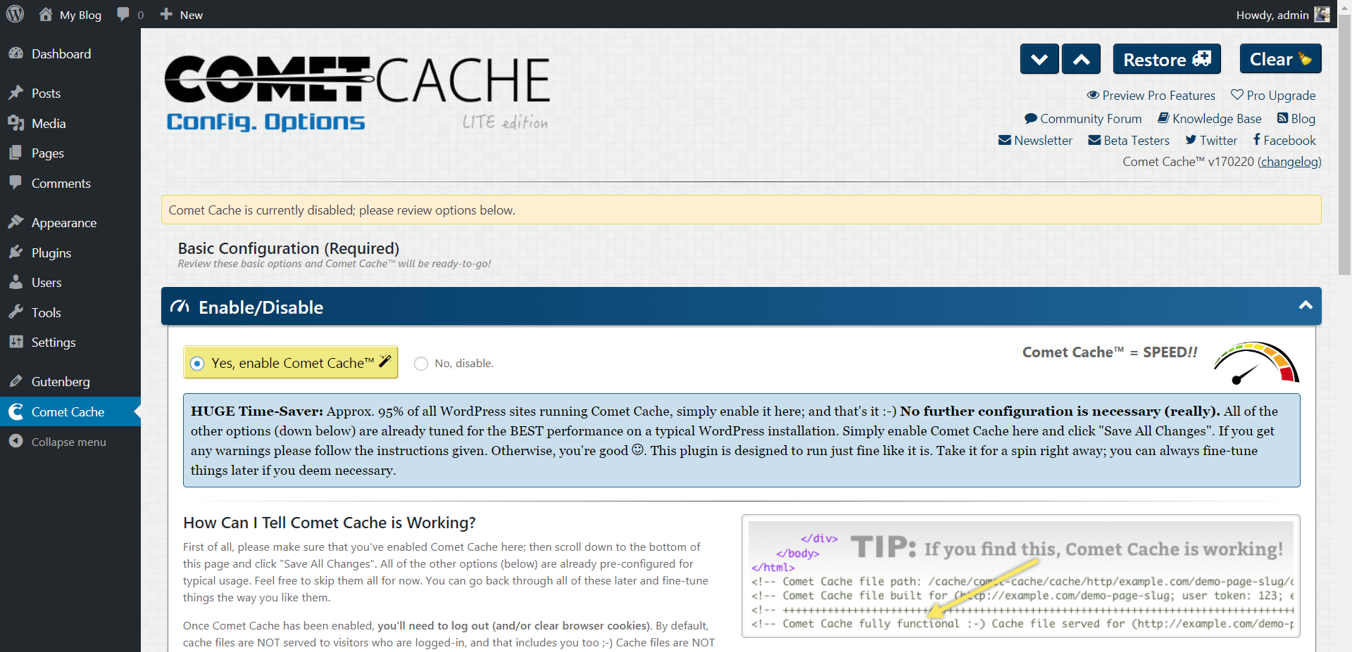 One Click Enable in Comet Cache