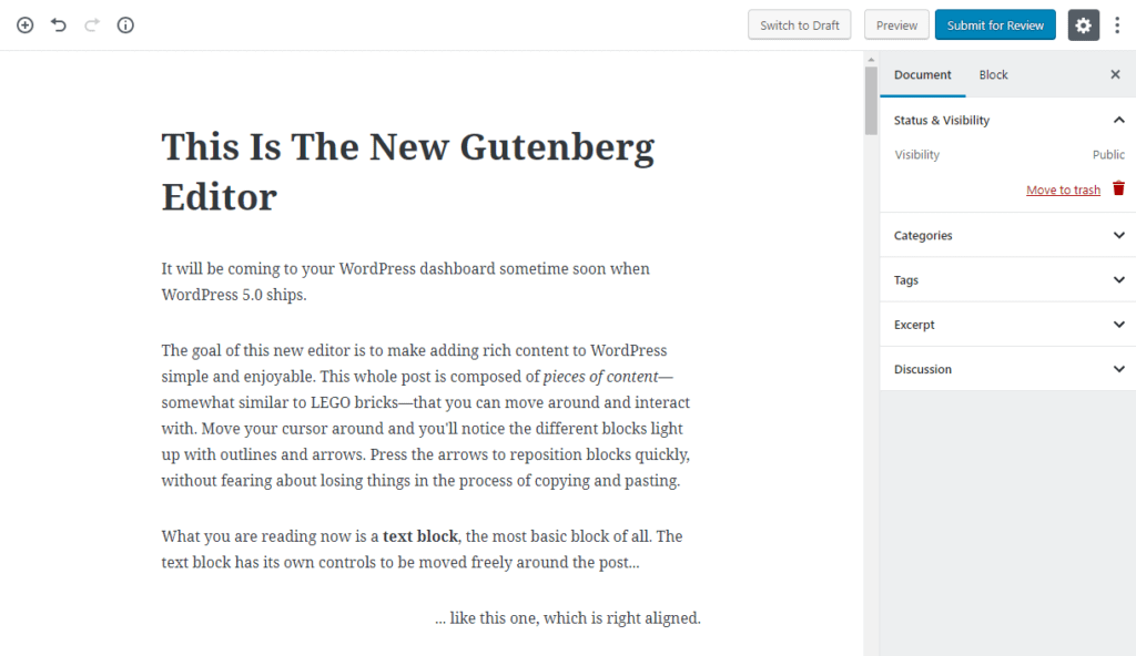the new Gutenberg editor in WordPress 5.0