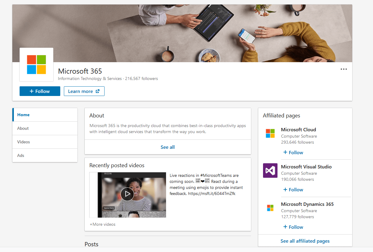 An example of a LinkedIn showcase page showing Microsoft 365