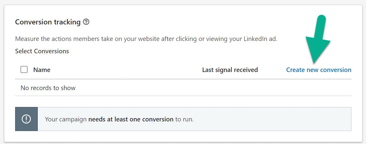 create new conversion for LinkedIn advertising