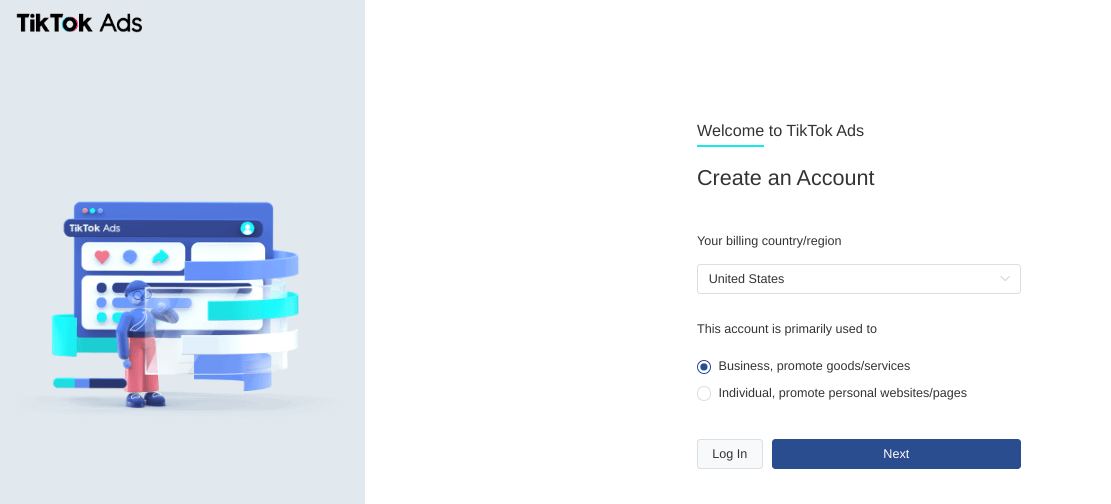 The page to create a TikTok Ad account.