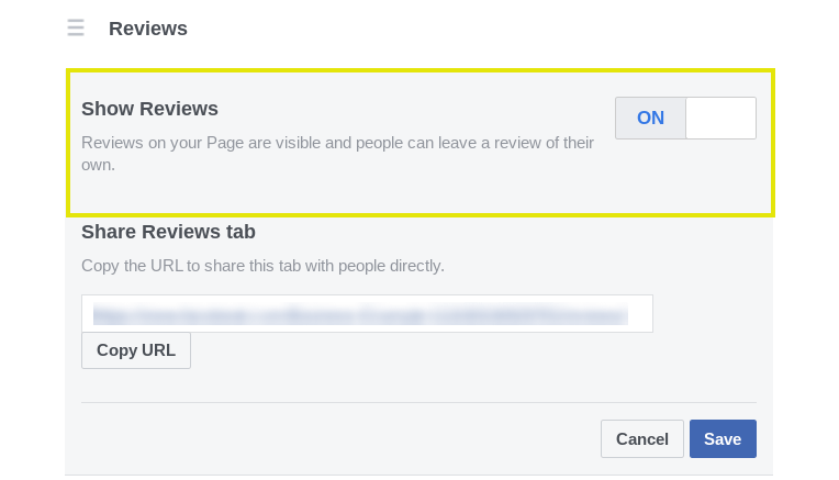 The toggle settings to show reviews on a Facebook page.