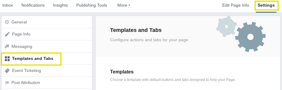 The Settings tabs on a Facebook business page.