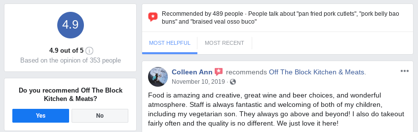 A Facebook review left on a restaurant's