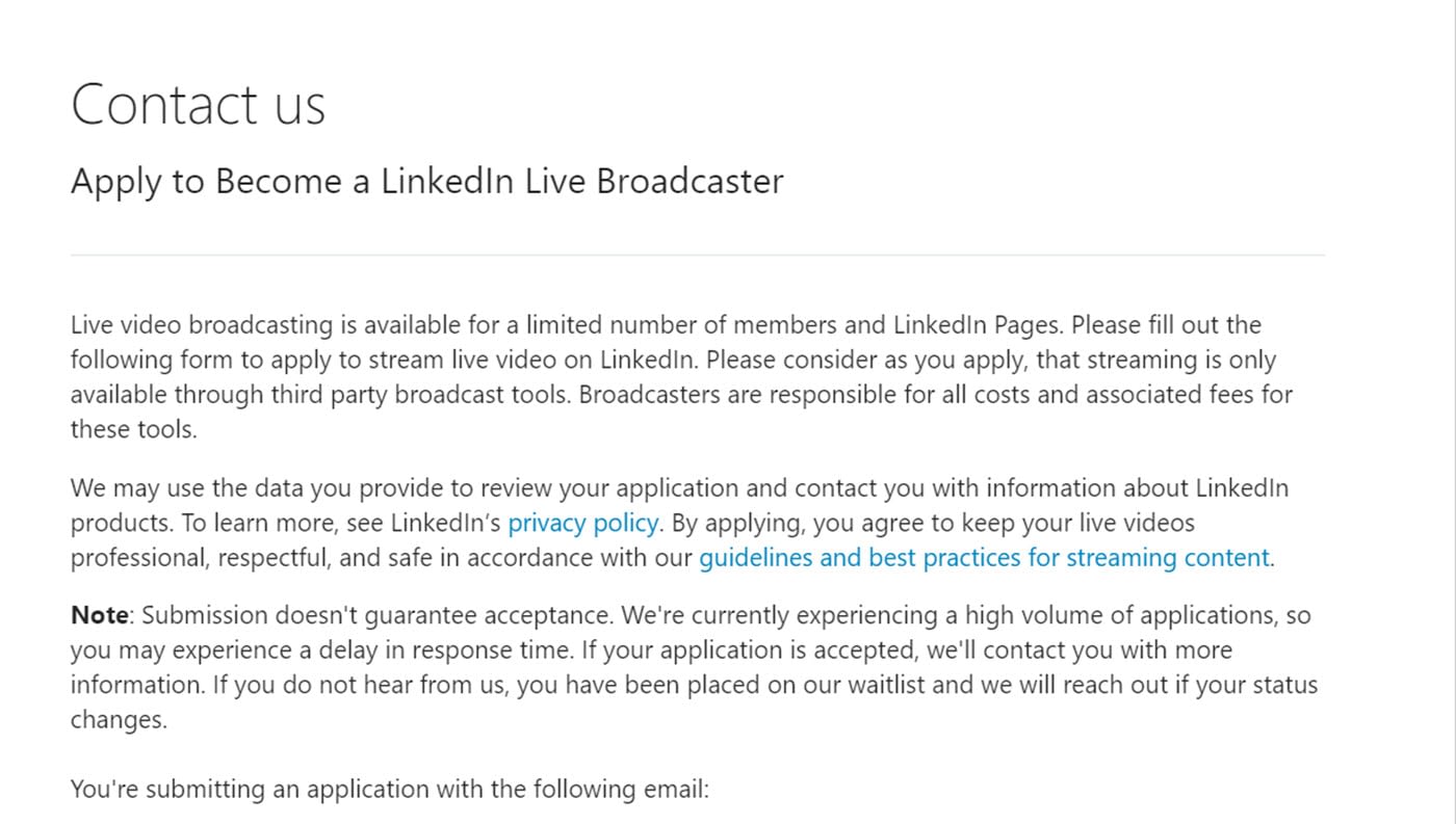 apply for LinkedIn live streaming