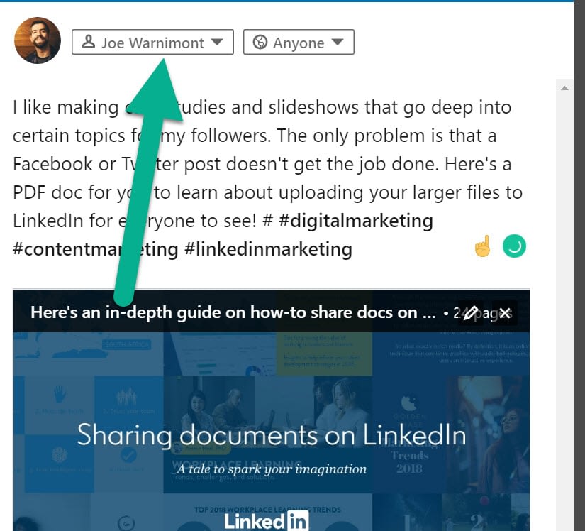 choose page to share LinkedIn documents