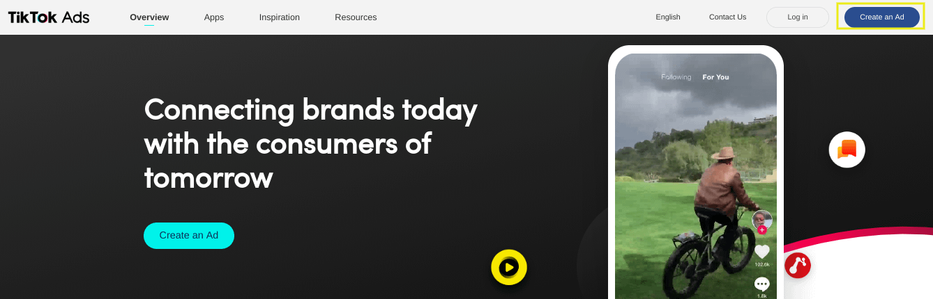 The 'Create an Ad' button on the TikTok Ads website.