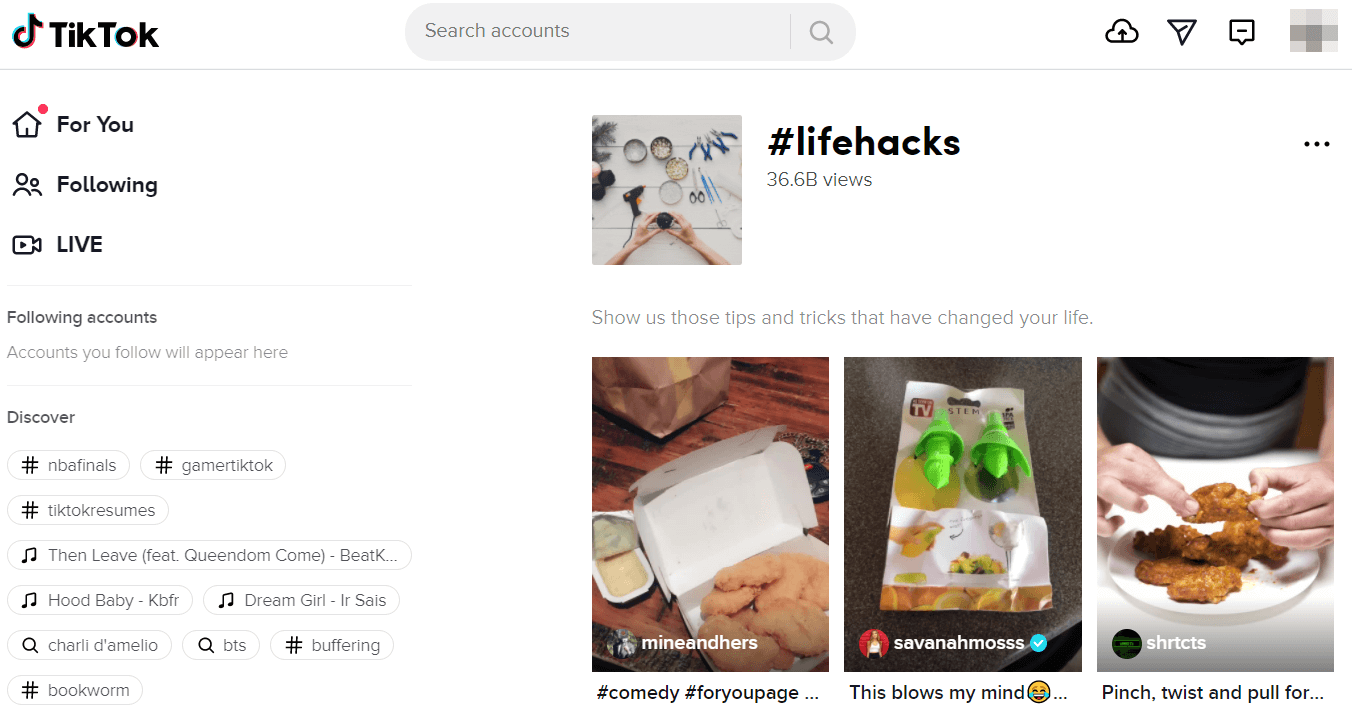 TikTok life hacks tag landing page