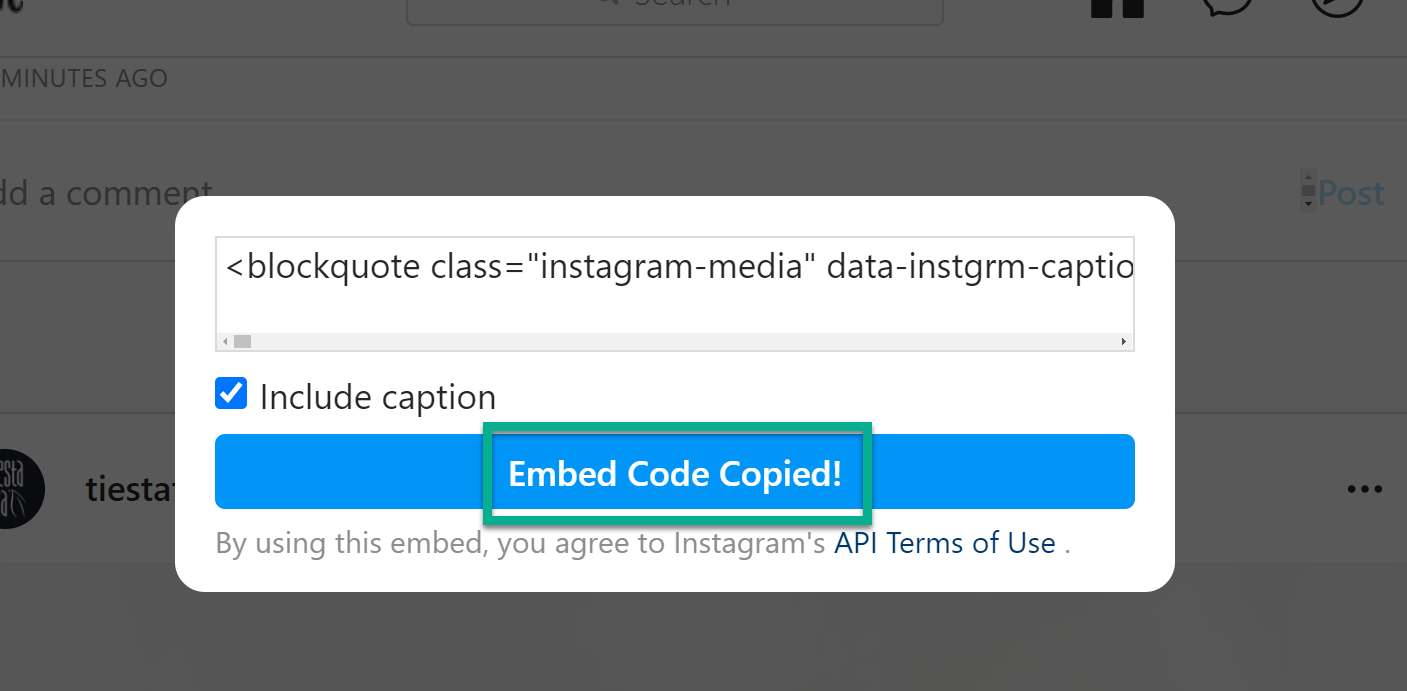 code copied to embed Instagram posts