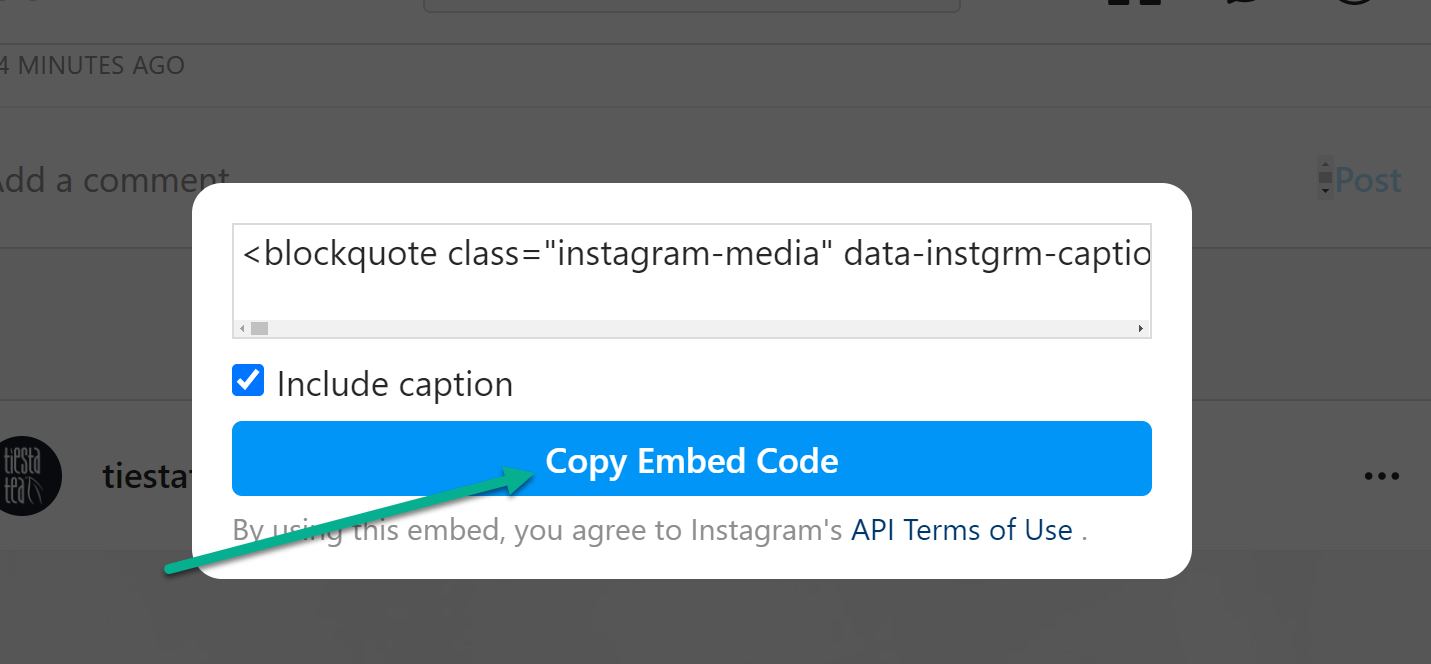 copy embed code to embed Instagram posts