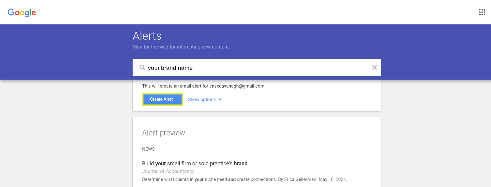 The option to create a Google Alert.