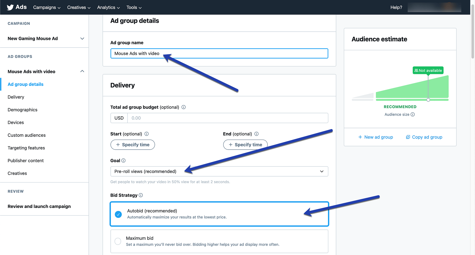 autobid and ad group for Twitter Amplify pre-roll ads