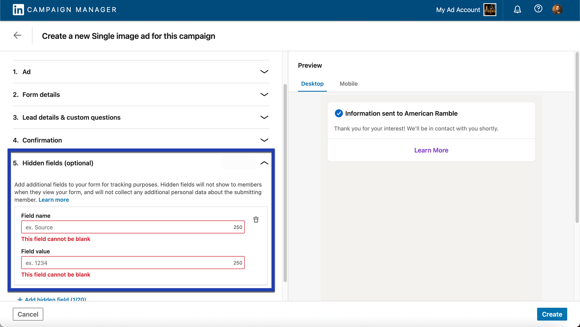 hidden fields - LinkedIn lead generation