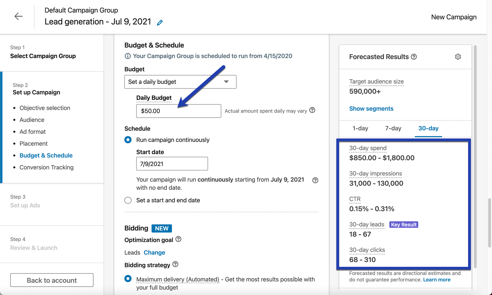 daily budget for ad and LinkedIn lead generation