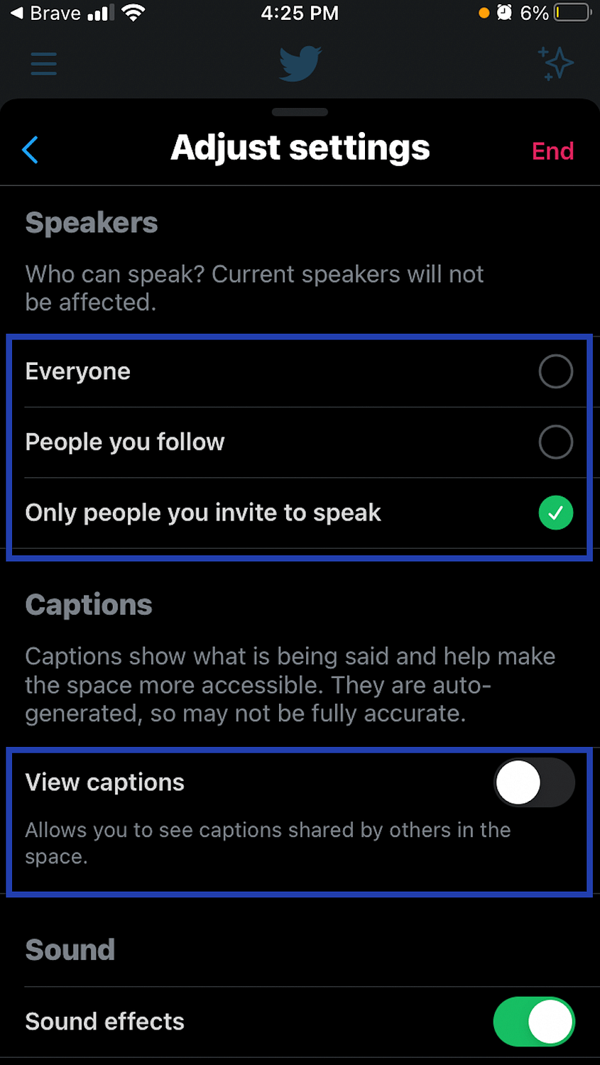 settings on Twitter Spaces.
