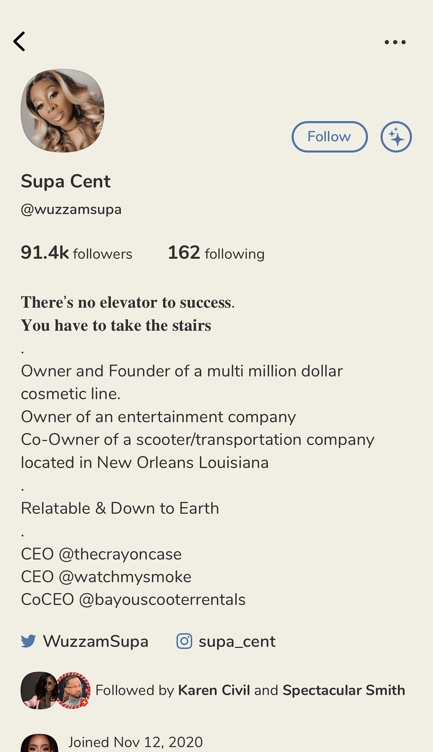 The profile for Supa Cent, an entrepreneur representing her brands and products.