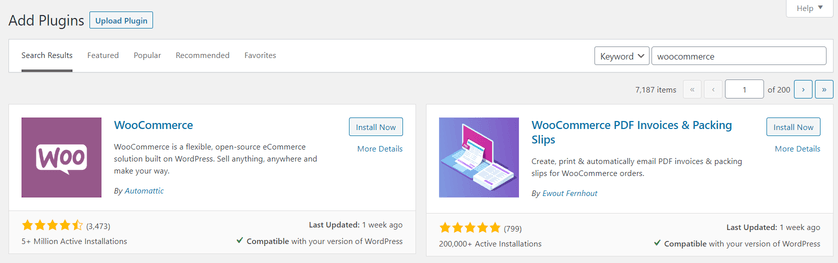 Installing the WooCommerce plugin.