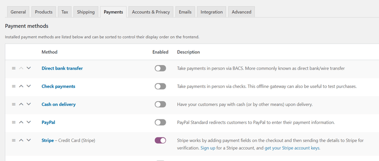 WooCommerce payment settings.