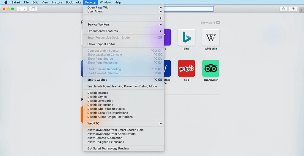 Apple Safari's Develop menu.