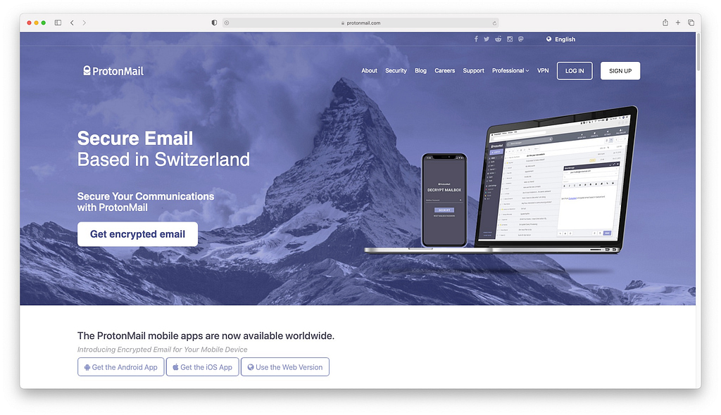 The ProtonMail home page.
