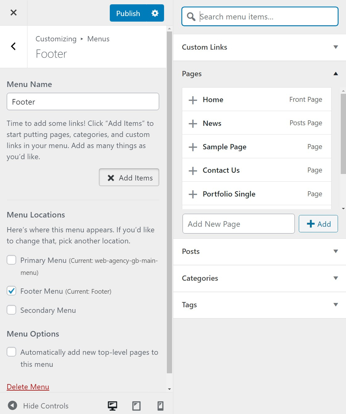 How to edit a footer in WordPress with a menu