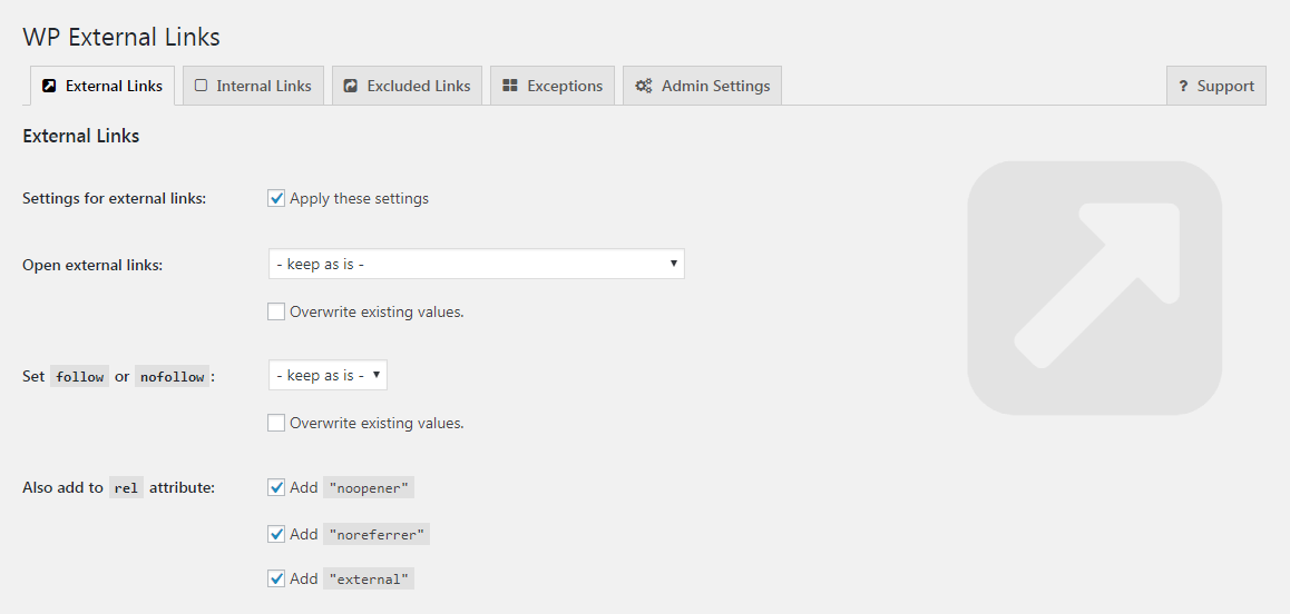 The WP External Links settings page.