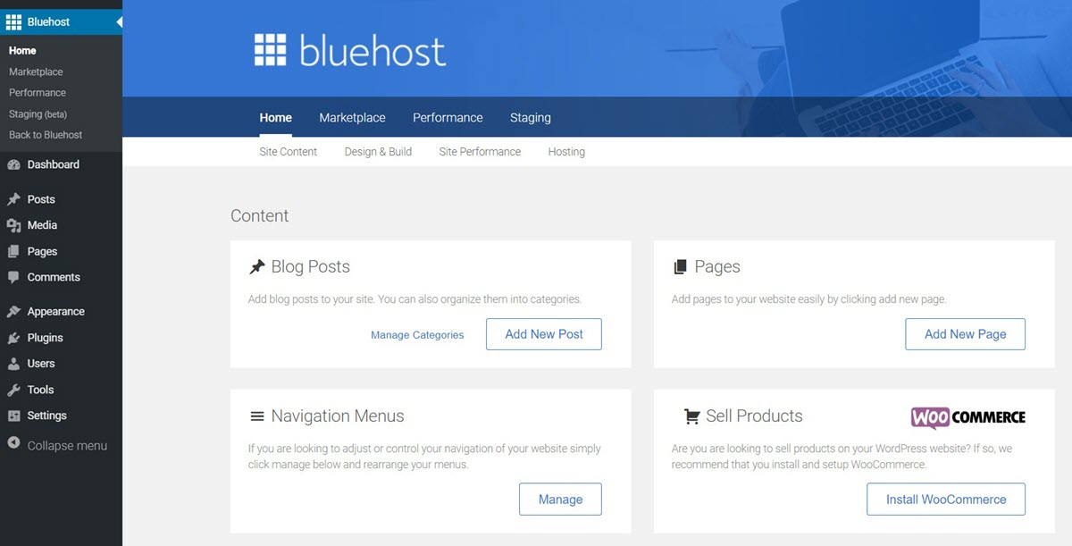 The Bluehost area in your WordPress dashboard