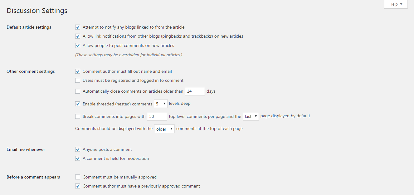 The Discussion settings screen, part 1.