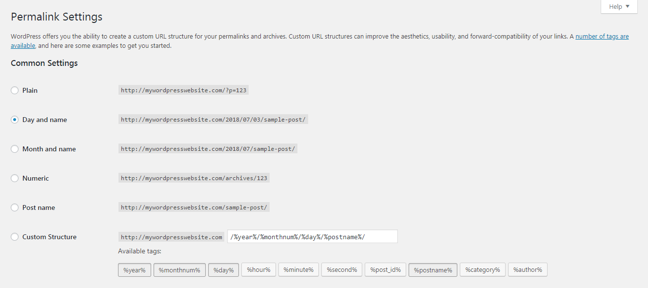 The Permalinks settings screen.