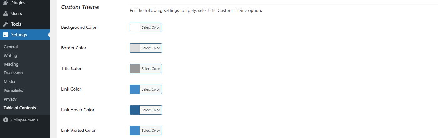 Custom theme color settings