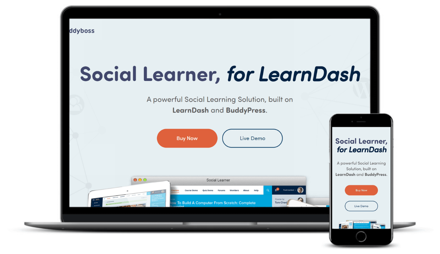 O tema Social Learner em computadores desktop e dispositivos móveis.