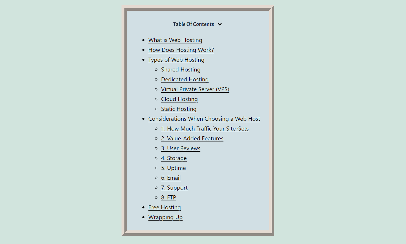 A table of contents with a background and border