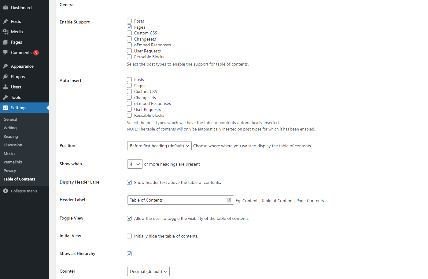 The Easy Table of Contents plugin settings screen