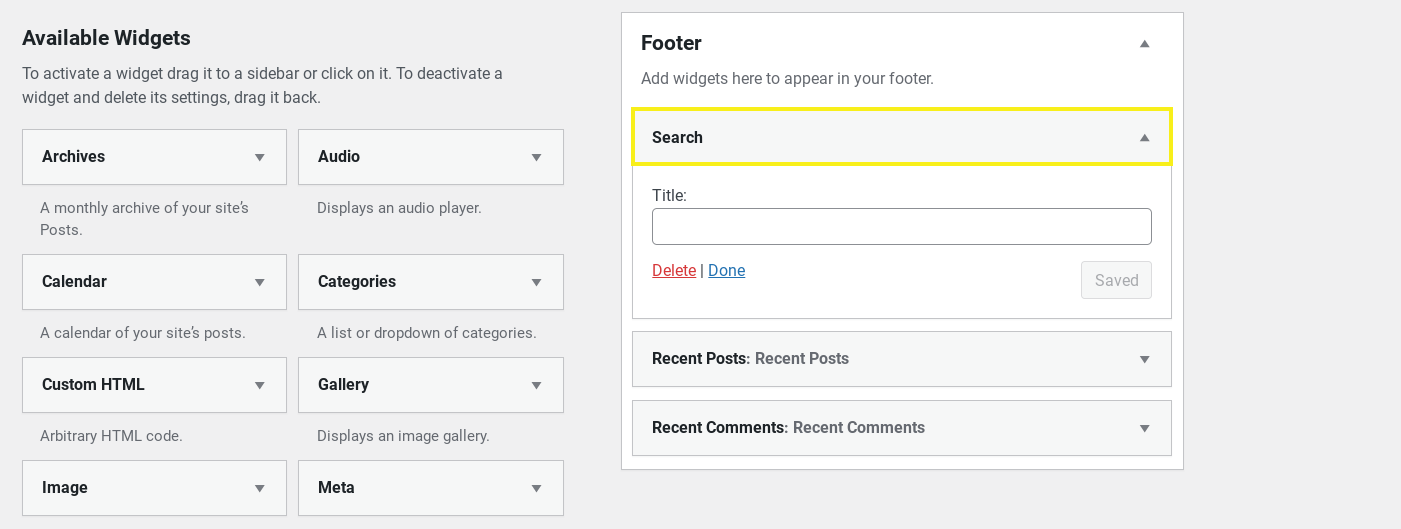 The WordPress search form added to the footer of the site.