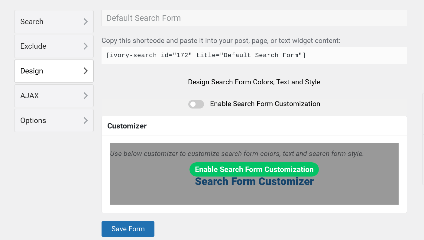 The Design section of the Ivory Search settings.