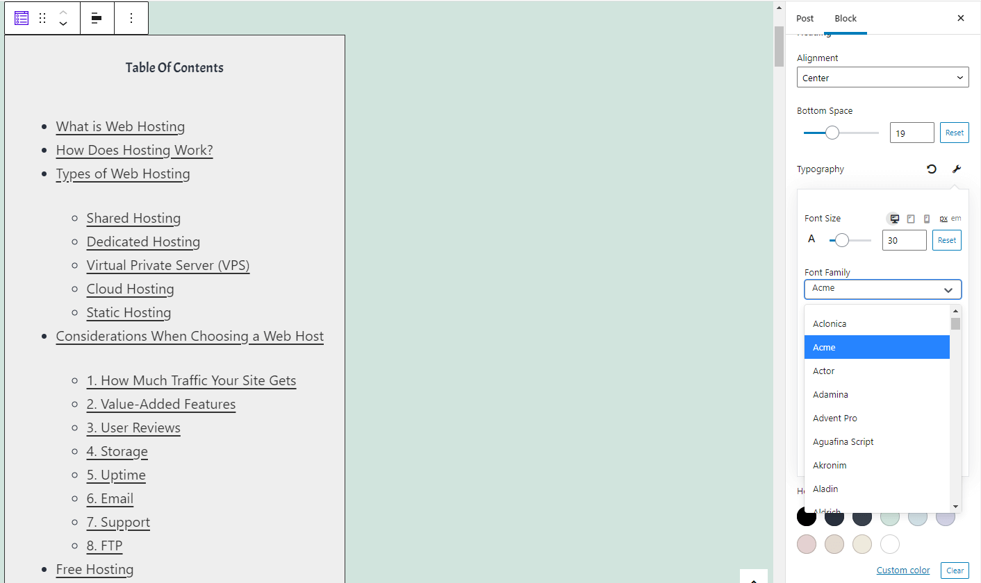 Table of contents heading settings