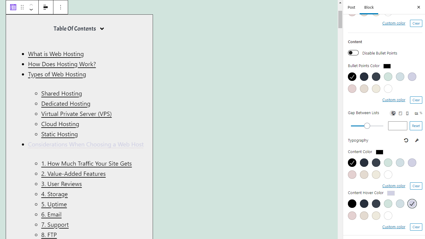 Content settings for the table of contents block