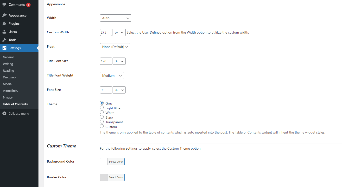 The appearance settings in Easy Table of Contents