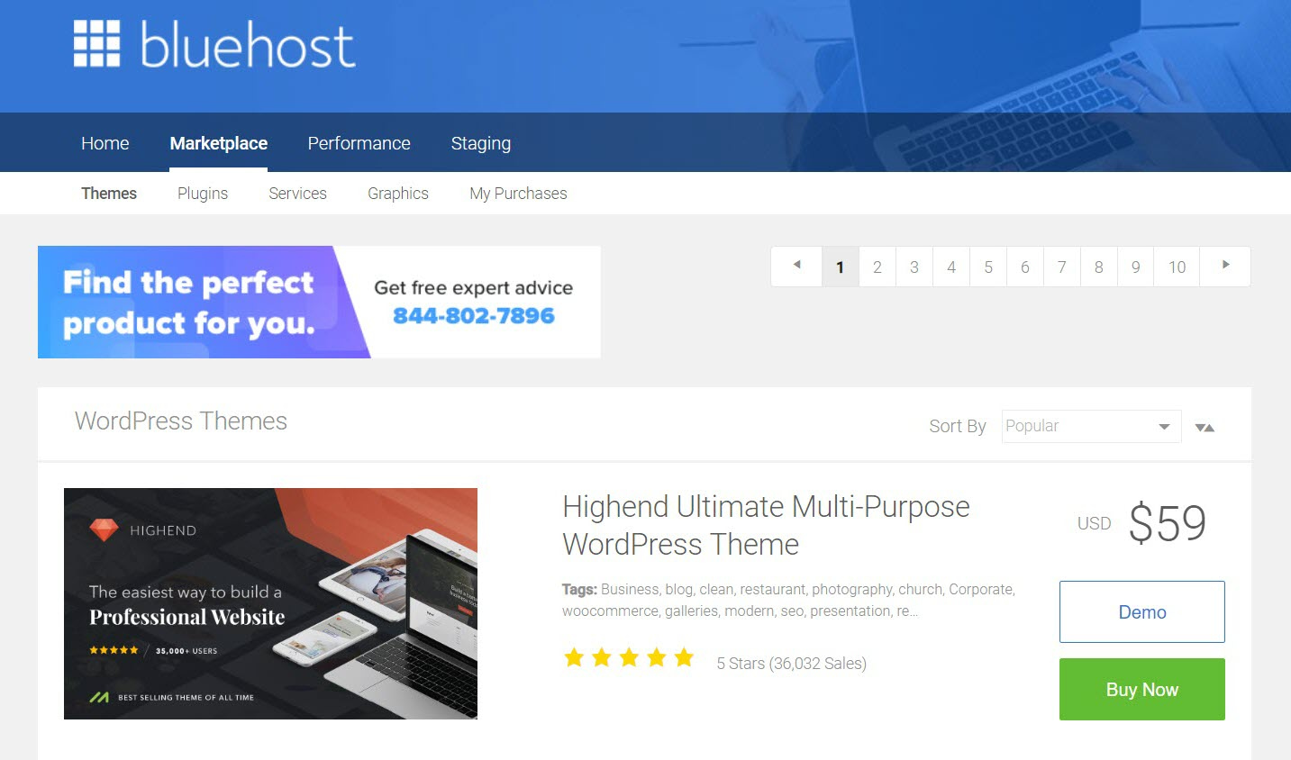 The Bluehost marketplace after you install WordPress