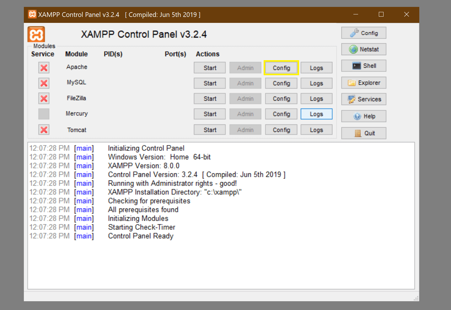 The launch menu for XAMPP.