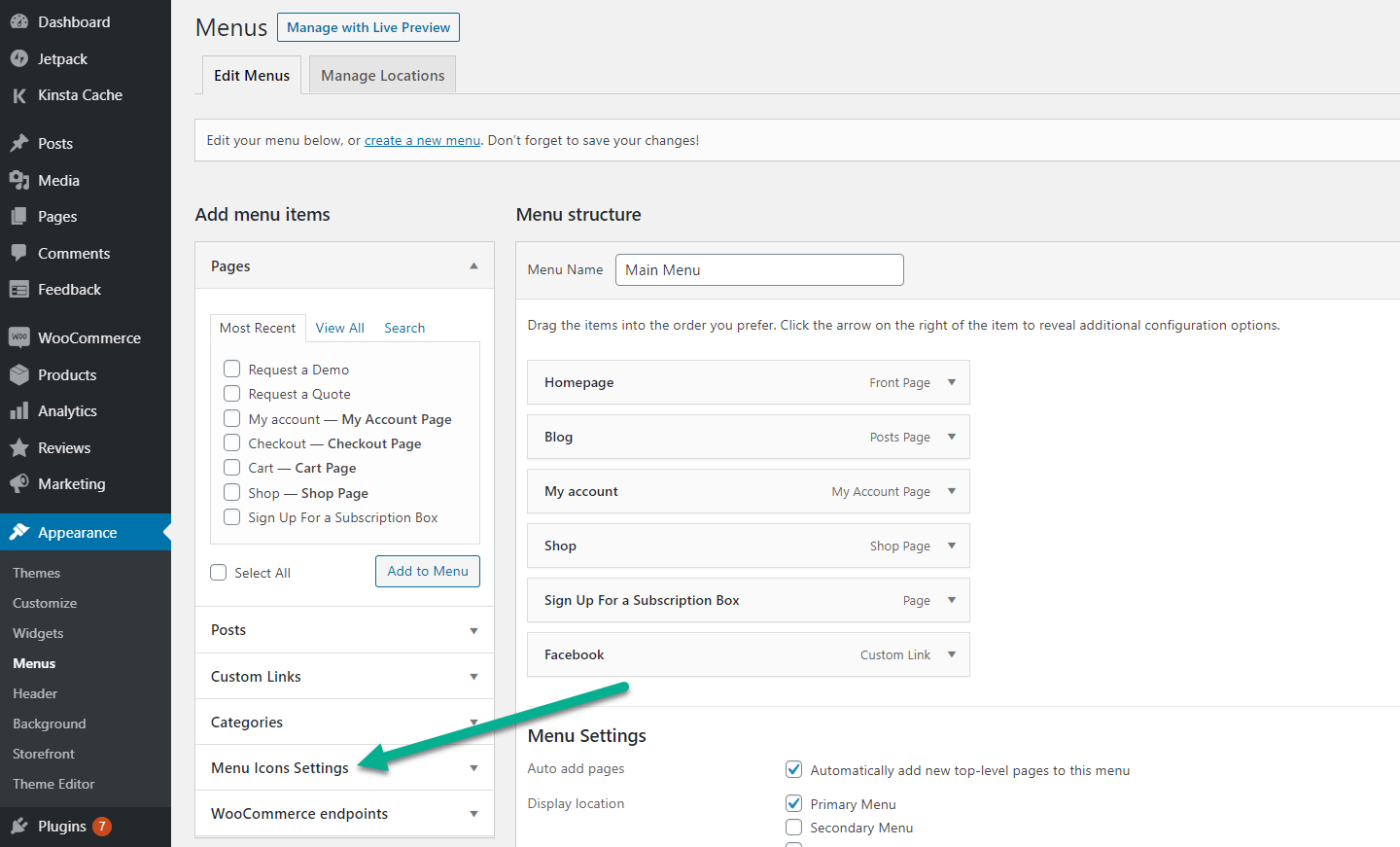 WordPress menu icons settings