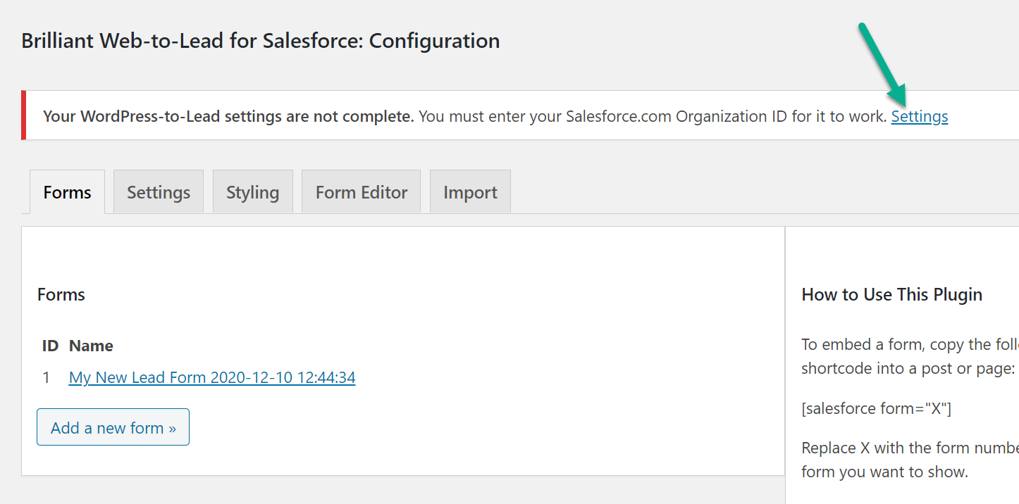 Paramètres pour l'intégration WordPress Salesforce