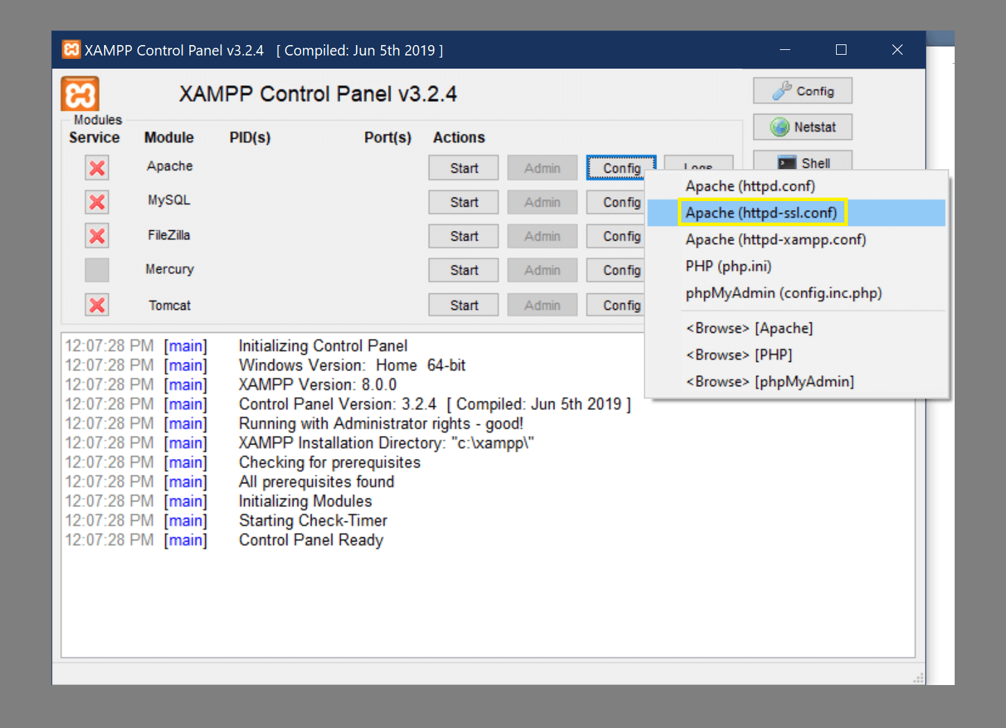 Accessing the Apache httpd-ssl.conf file.