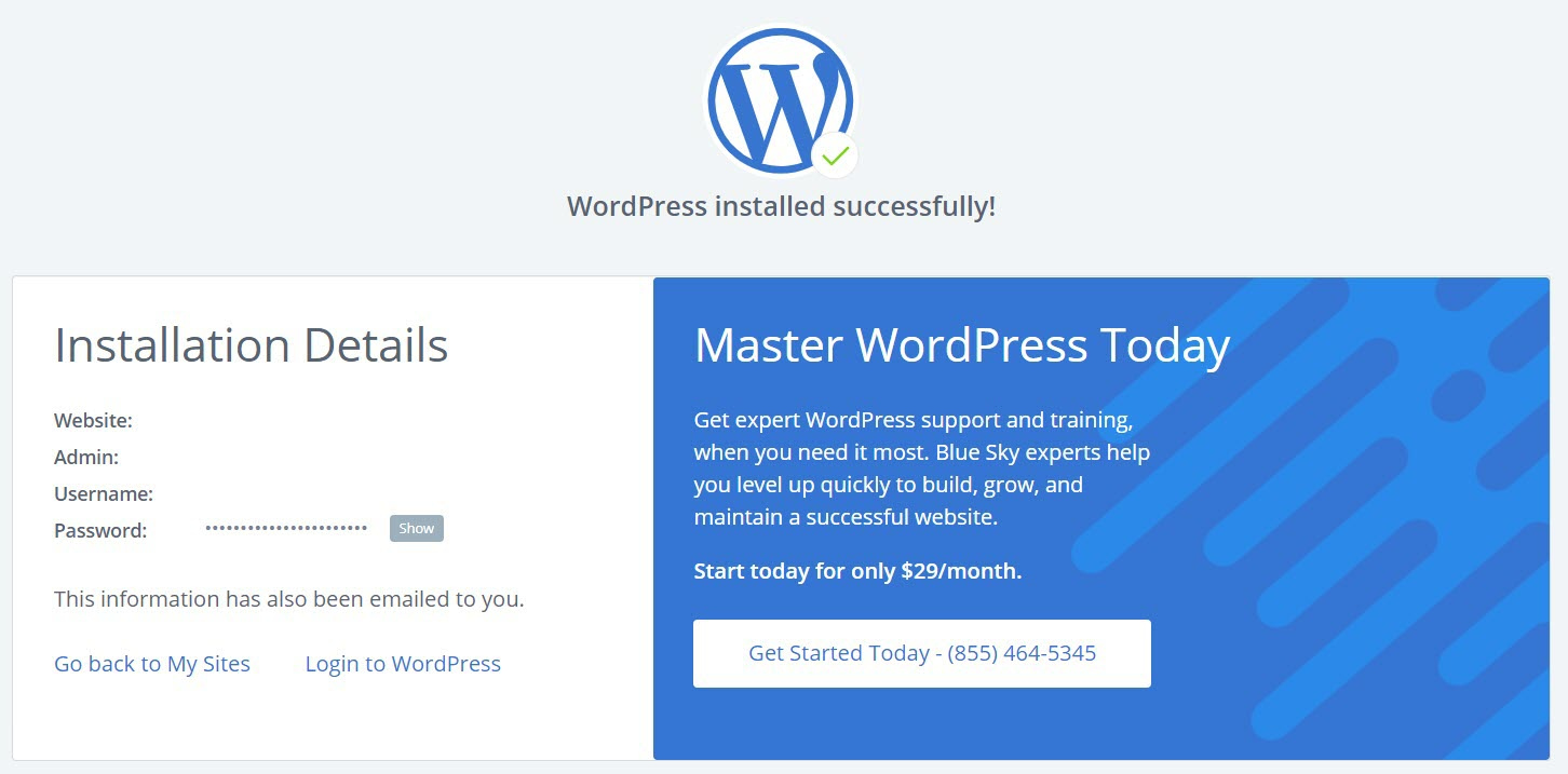 The WordPress install details on Bluehost