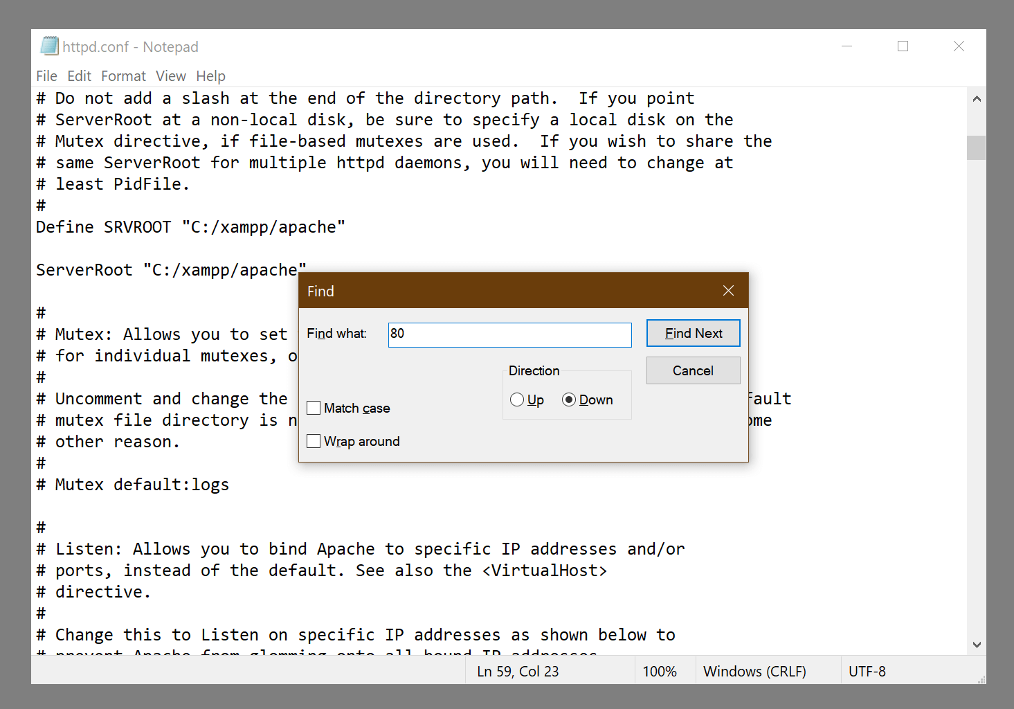 Opening a search dialogue for port 80 in httpd.conf to resolve the XAMPP error apache shutdown unexpectedly message.