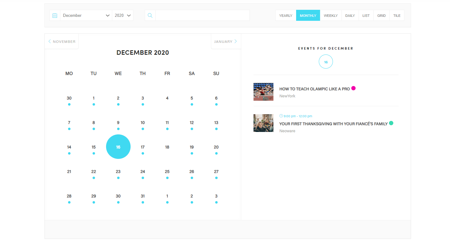 Exemple de calendrier d'événements créé avec l'un des meilleurs plugins de calendrier WordPress Modern Events Calendar.