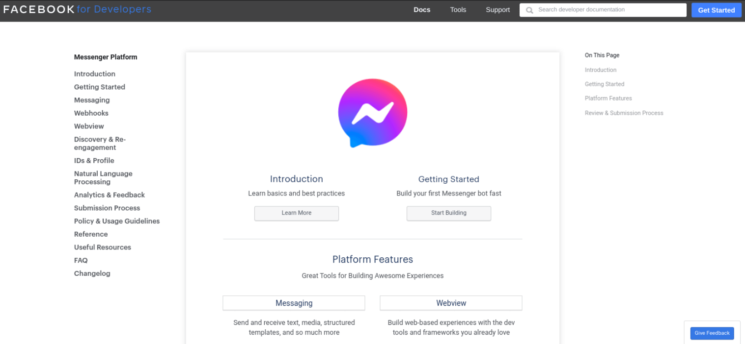 A plataforma de desenvolvedor do Facebook Messenger.