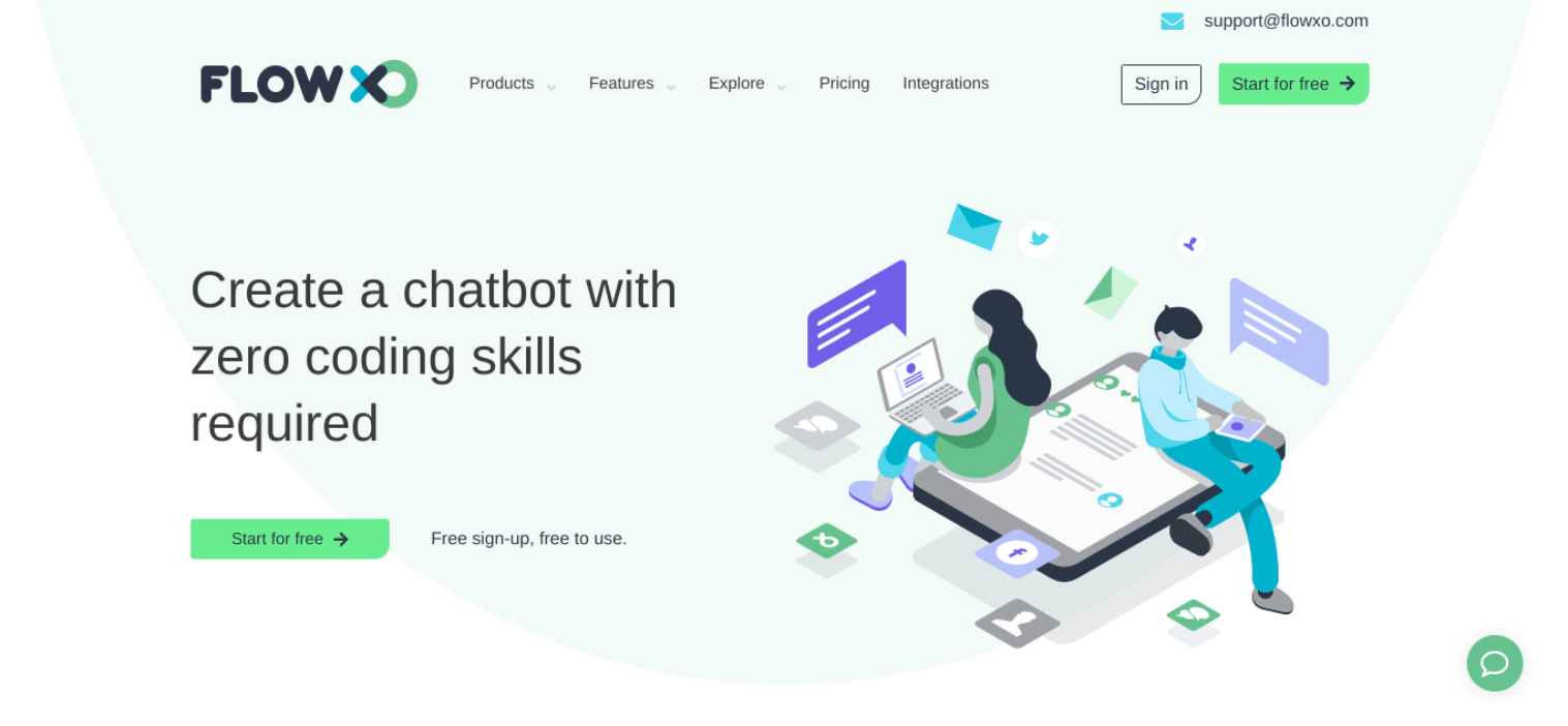 O site FLOW XO para a criação de um chatbot de comércio eletrônico.