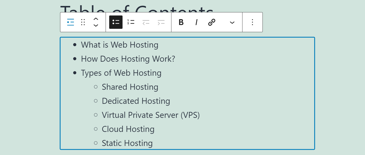 Using a List block to create a table of contents